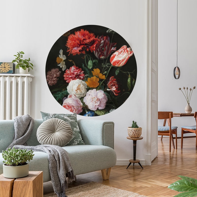 muurcirkel jan davidsz – vase of flowers muursticker muurkunst bloemen stilleven vaas met bloemen pioenroos anjer franse tulp roos