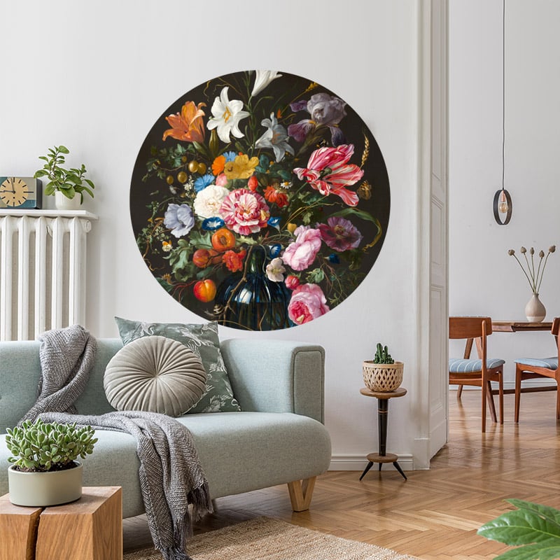 muurcirkel jan davidsz - vase of flowers muursticker muurkunst bloemen stilleven vaas met bloemen pioenroos anjer franse tulp