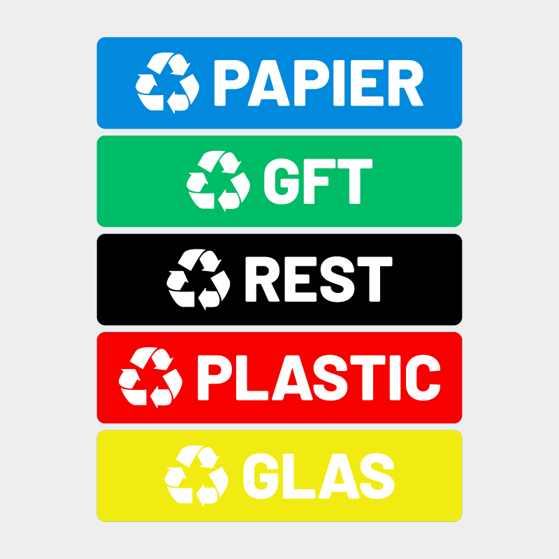 afval stickers recycle glas papier gft plastic groen blauw zwart rood geelArtboard 1-8