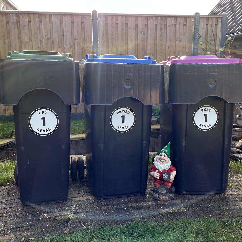 Container sticker rond met eigen huisnummer klikostickers goedkoop zwart wit huisje afvalbak rest gft plastic papier