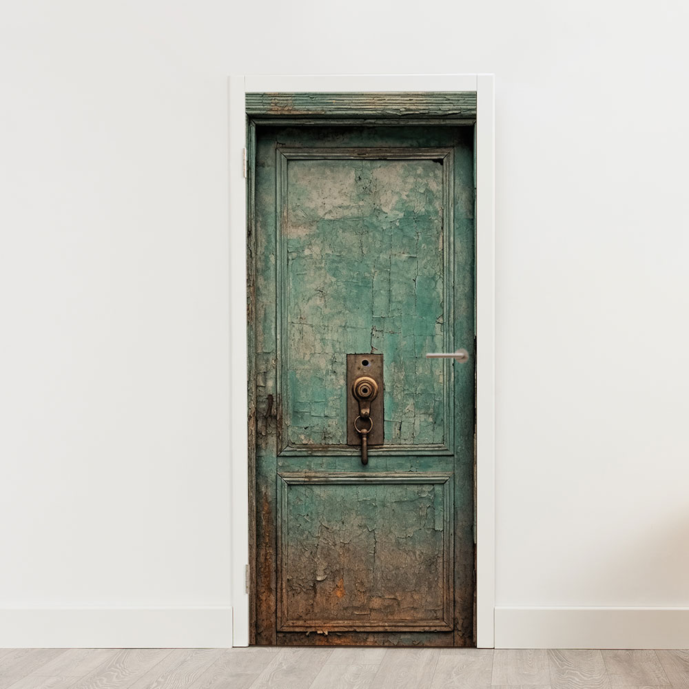 deurposter deursticker sticker poster turquoise oude deur hout houtlook vintage