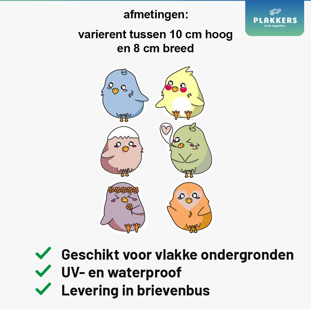 schattige vogeltjes sticker creatief artistiek plakkers afmetingen