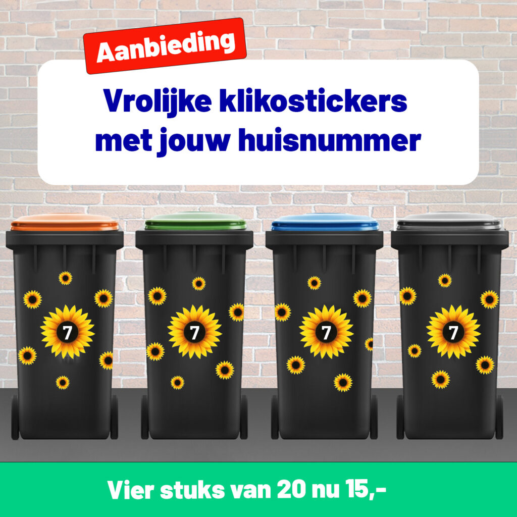zonnebloemen container sticker klikostickers vrolijk eigen huisnummer prullenabk voordeelset vier stuks drie stuks 1 2 3 4 5 6 7 8 9 0 getallen cijfers
