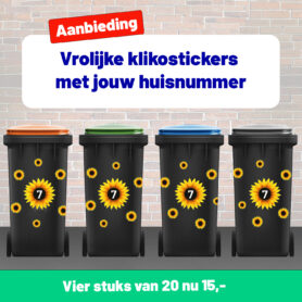 zonnebloemen container sticker klikostickers vrolijk eigen huisnummer prullenabk voordeelset vier stuks drie stuks 1 2 3 4 5 6 7 8 9 0 getallen cijfers