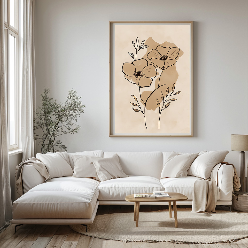 poster lineart boterbloemen abstract kunst woonkamer keuken kantoor slaapkamer aardkleuren modern v2