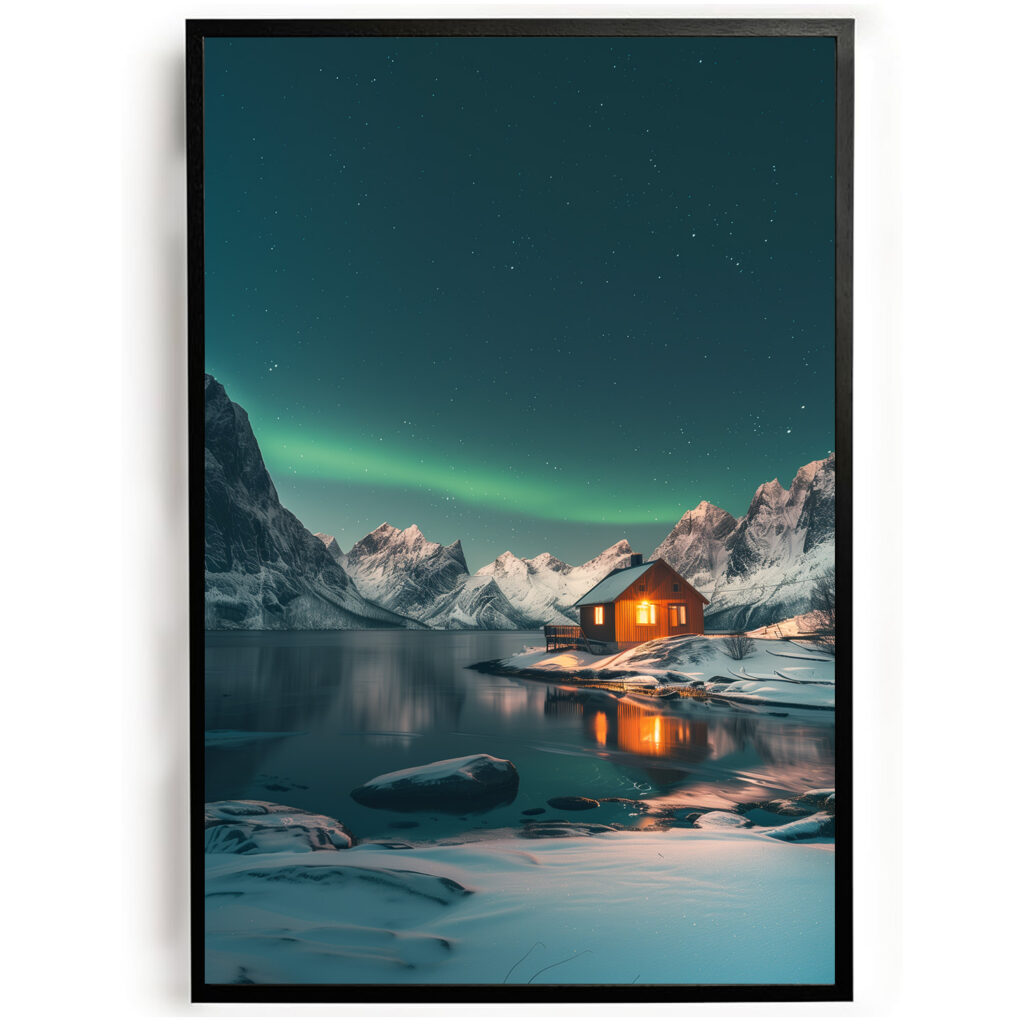 Poster noorderlicht bergmeer woonkamer slaapkamer keuken kantoor atelier rustgevend natuur v2