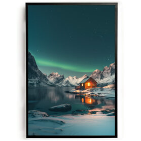 Poster noorderlicht bergmeer woonkamer slaapkamer keuken kantoor atelier rustgevend natuur v2