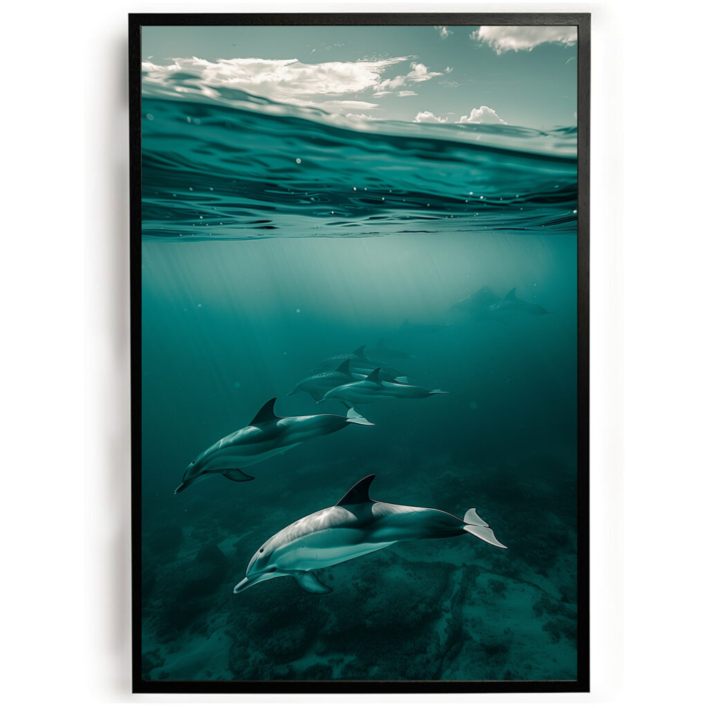 Poster dolfijnen onderwater woonkamer slaapkamer keuken kantoor atelier rustgevend natuur