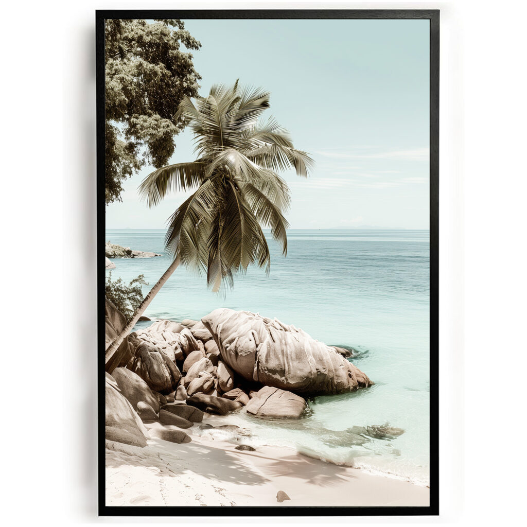 Poster tropisch strand palmboom en rotsen woonkamer slaapkamer keuken kantoor atelier rustgevend natuur