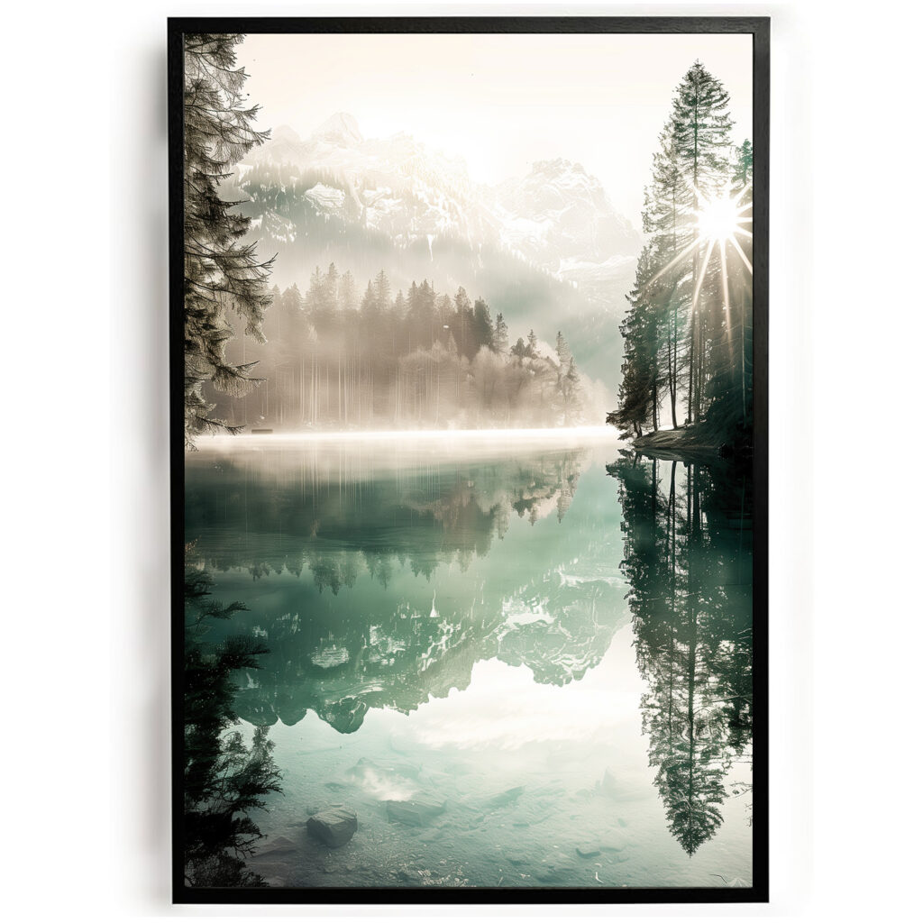 Poster bergmeer met mist woonkamer slaapkamer keuken kantoor atelier rustgevend natuur