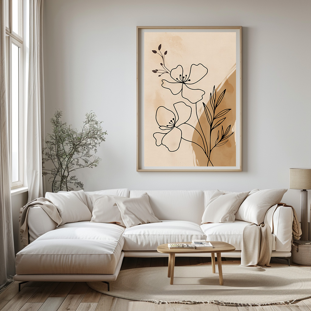 poster lineart krokus bloemen abstract kunst woonkamer keuken kantoor slaapkamer aardkleuren modern v2