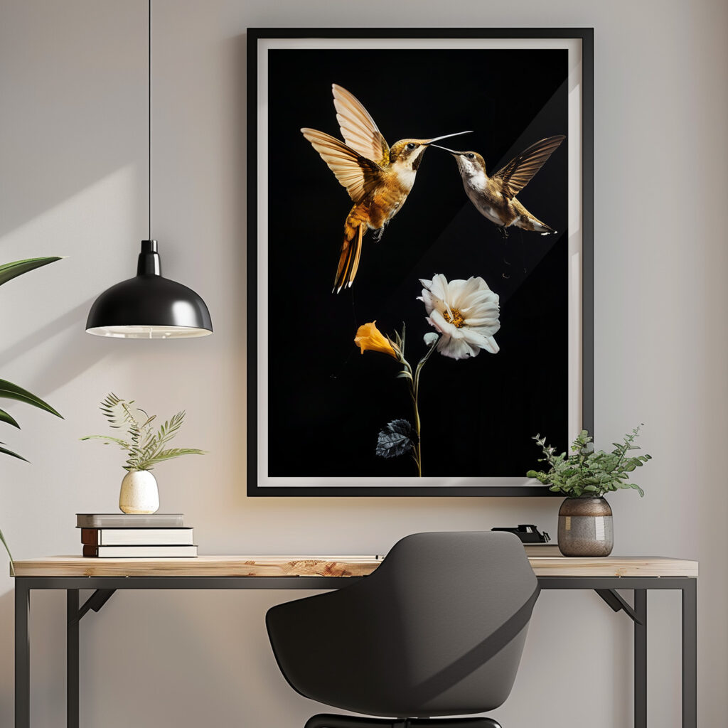 hummingbirds kolibries bloem woonkamer keuken stijlvol creatief zwarte achtergrond woning lifestyle V2