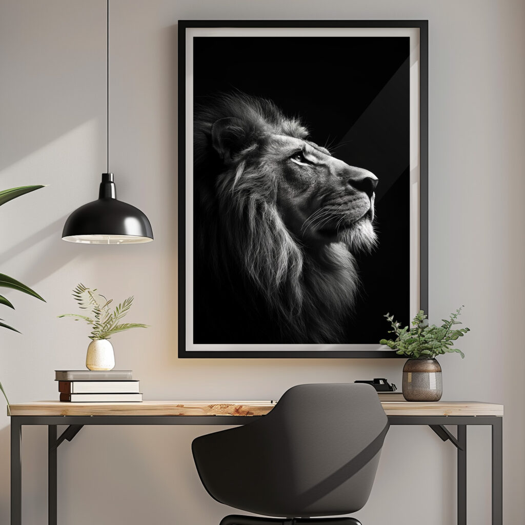 leeuw zwart wit stijlvol woonkamer slaapkamer keuken kantoor creatief V2