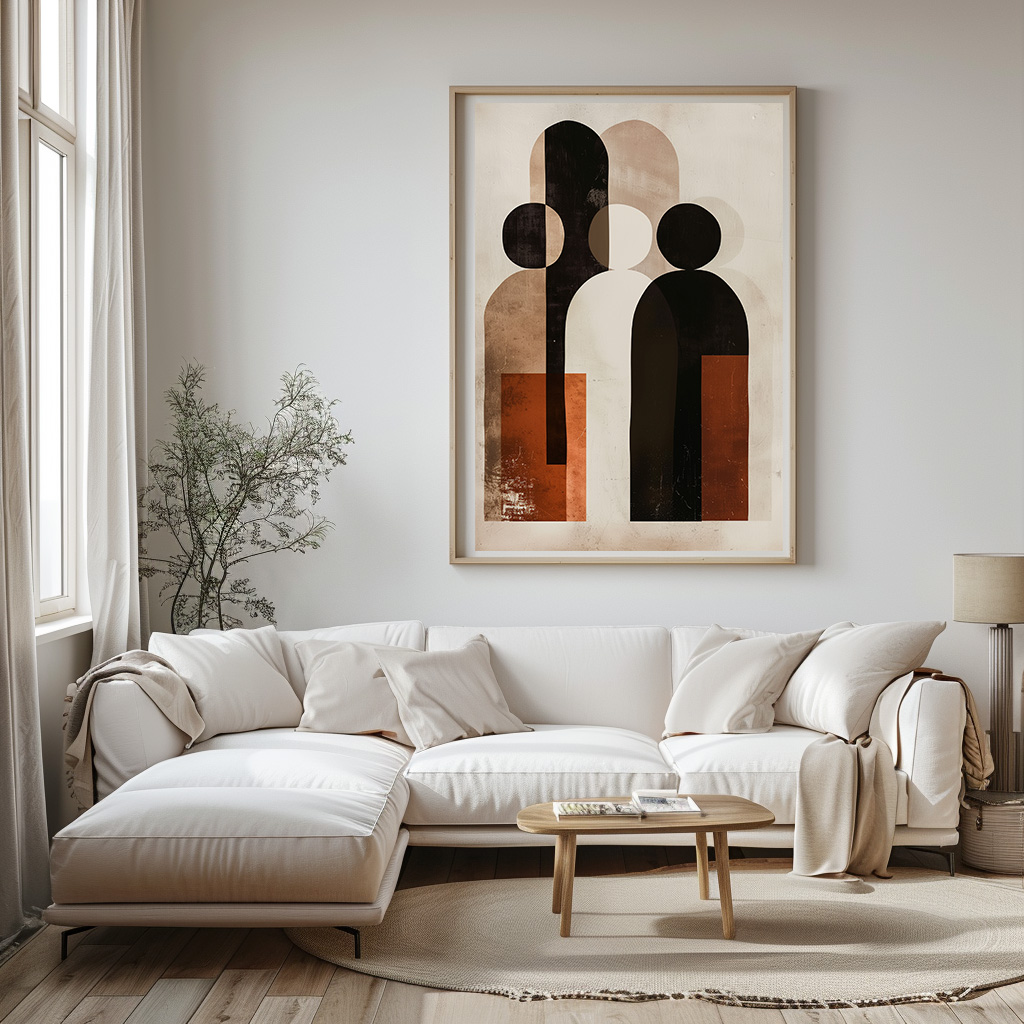 poster figuren gezin van 5 woestijn abstract kunst woonkamer keuken kantoor slaapkamer aardkleuren modern v2