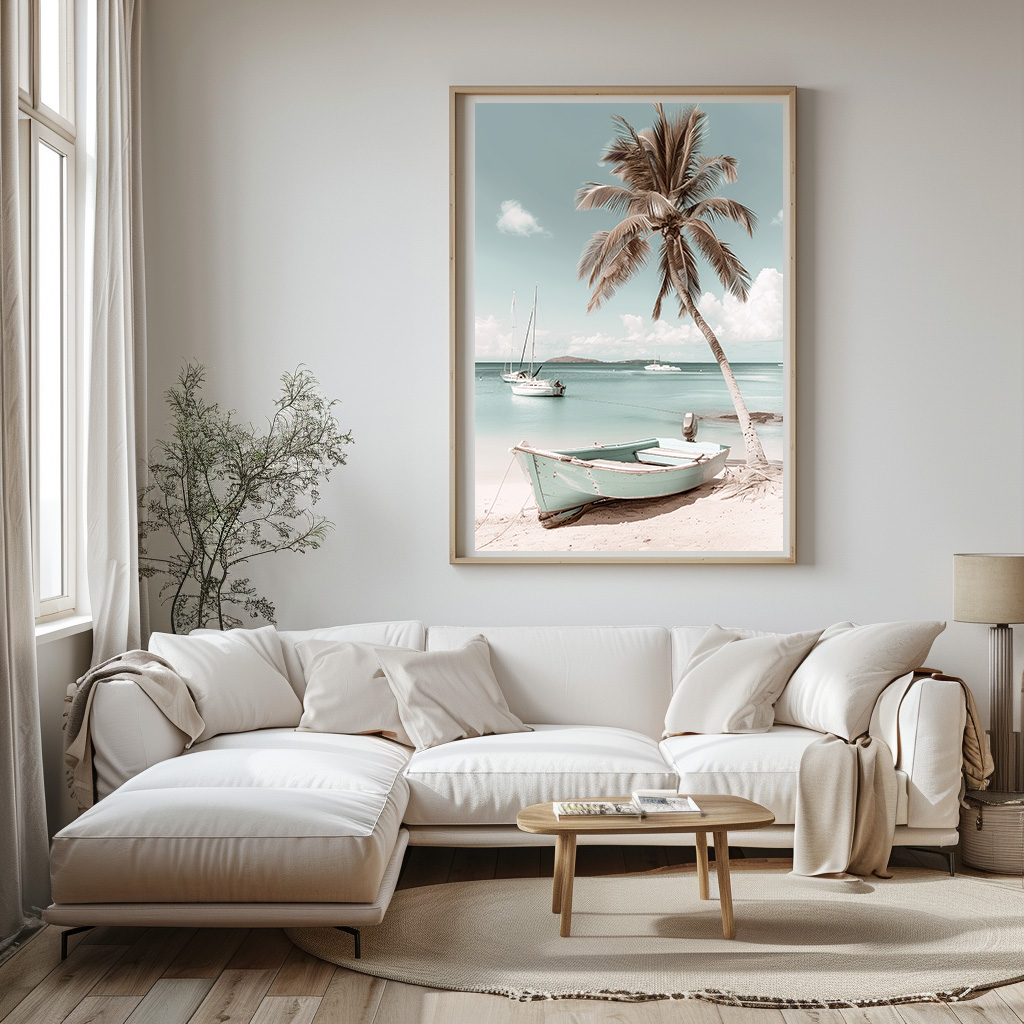 Poster tropisch strand palmboom en boten woonkamer slaapkamer keuken kantoor atelier rustgevend natuur v2