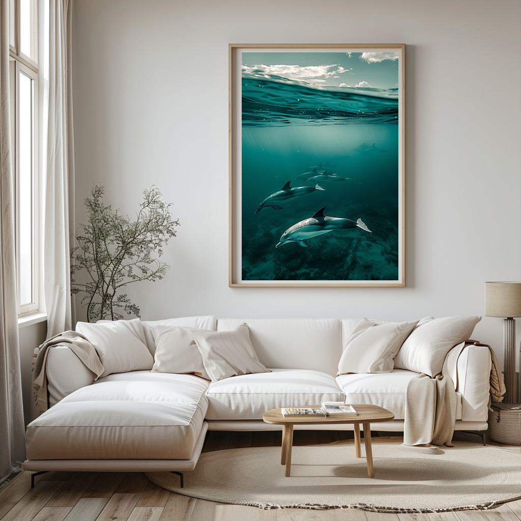 Poster dolfijnen onderwater woonkamer slaapkamer keuken kantoor atelier rustgevend natuur v2
