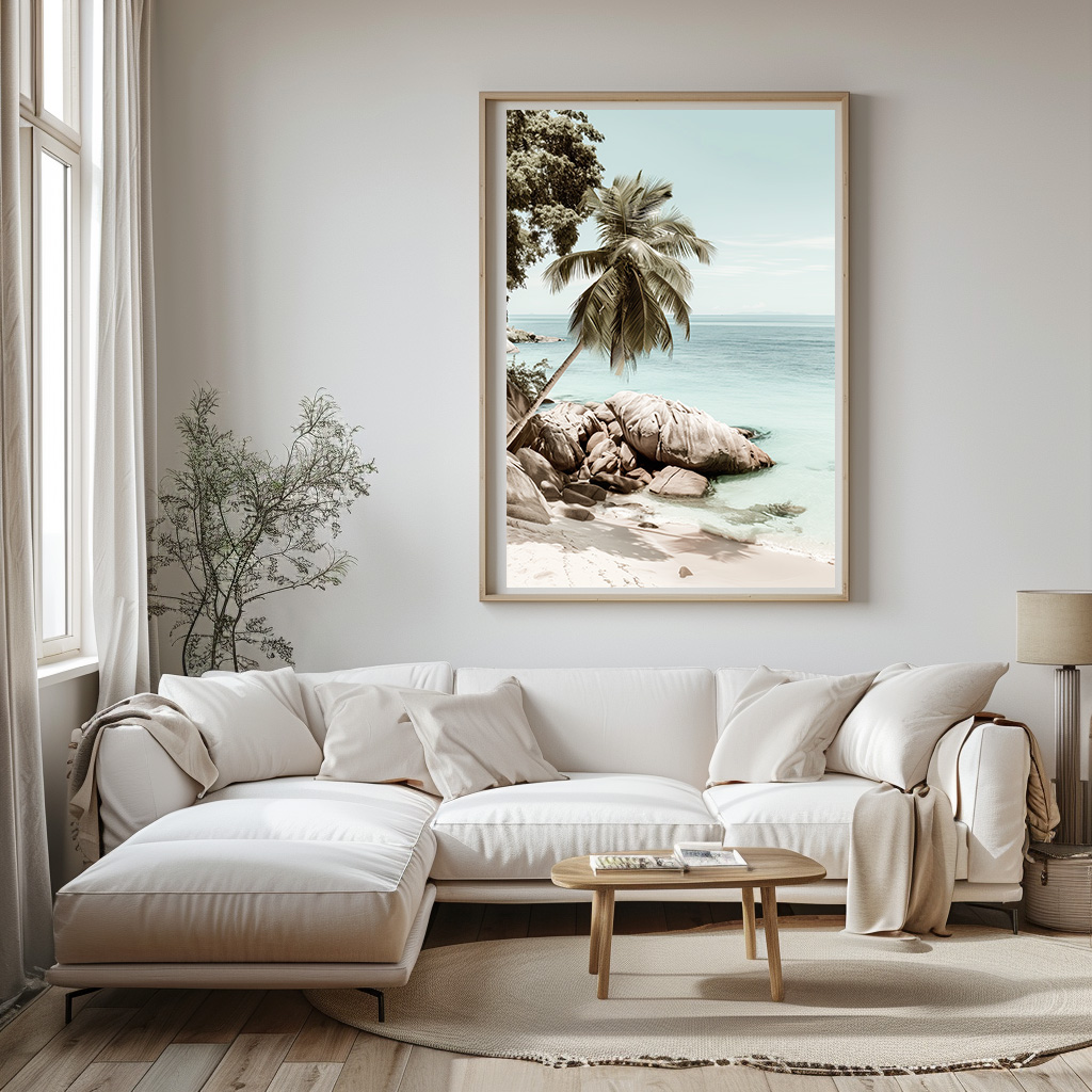 Poster tropisch strand palmboom en rotsen woonkamer slaapkamer keuken kantoor atelier rustgevend natuur v2