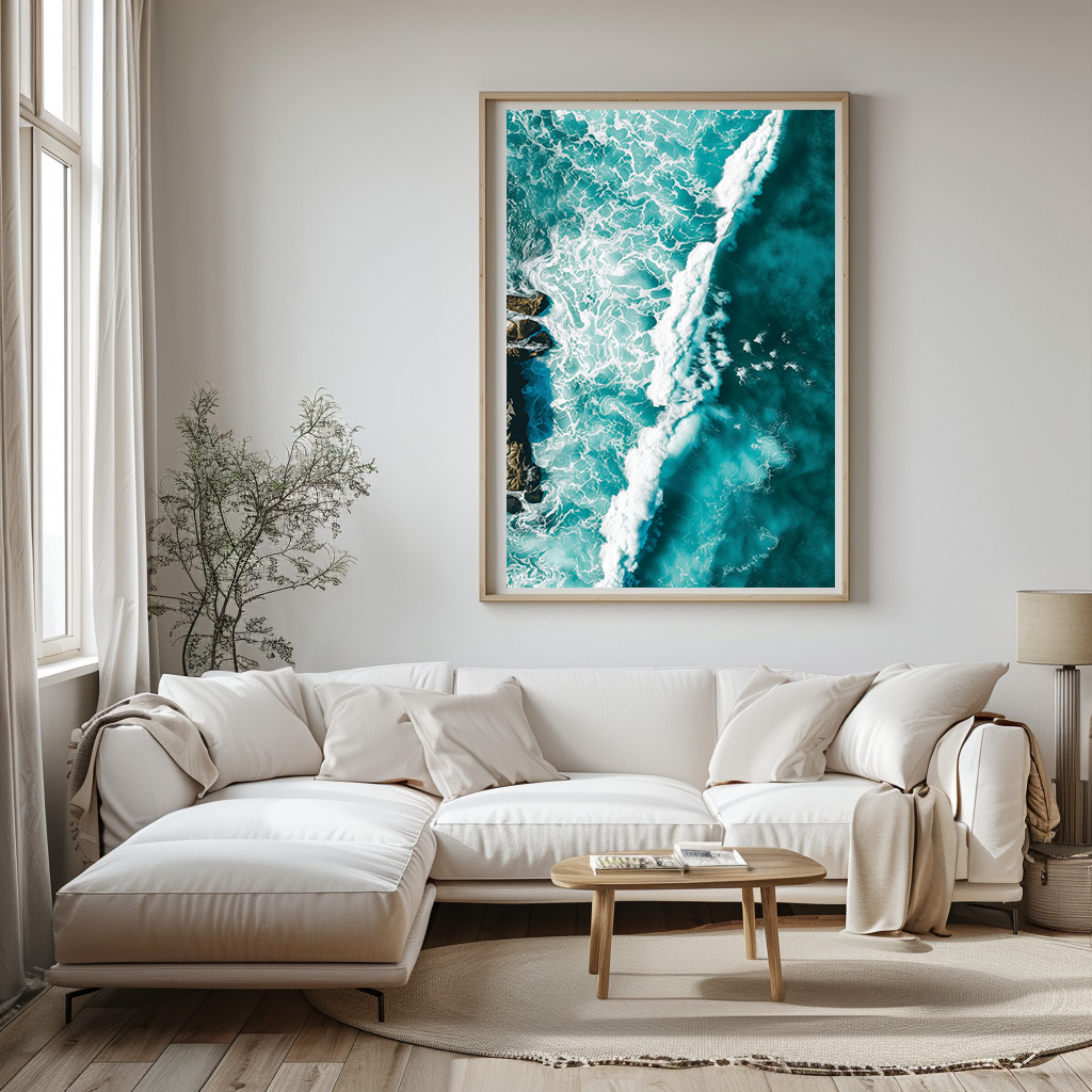 Poster kust blauw water en golven woonkamer slaapkamer keuken kantoor atelier rustgevend natuur v2