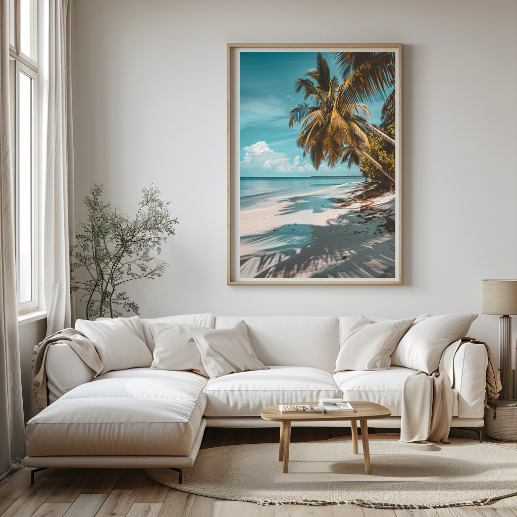 Poster strand palmboom met schaduw woonkamer slaapkamer keuken kantoor atelier rustgevend natuur v2
