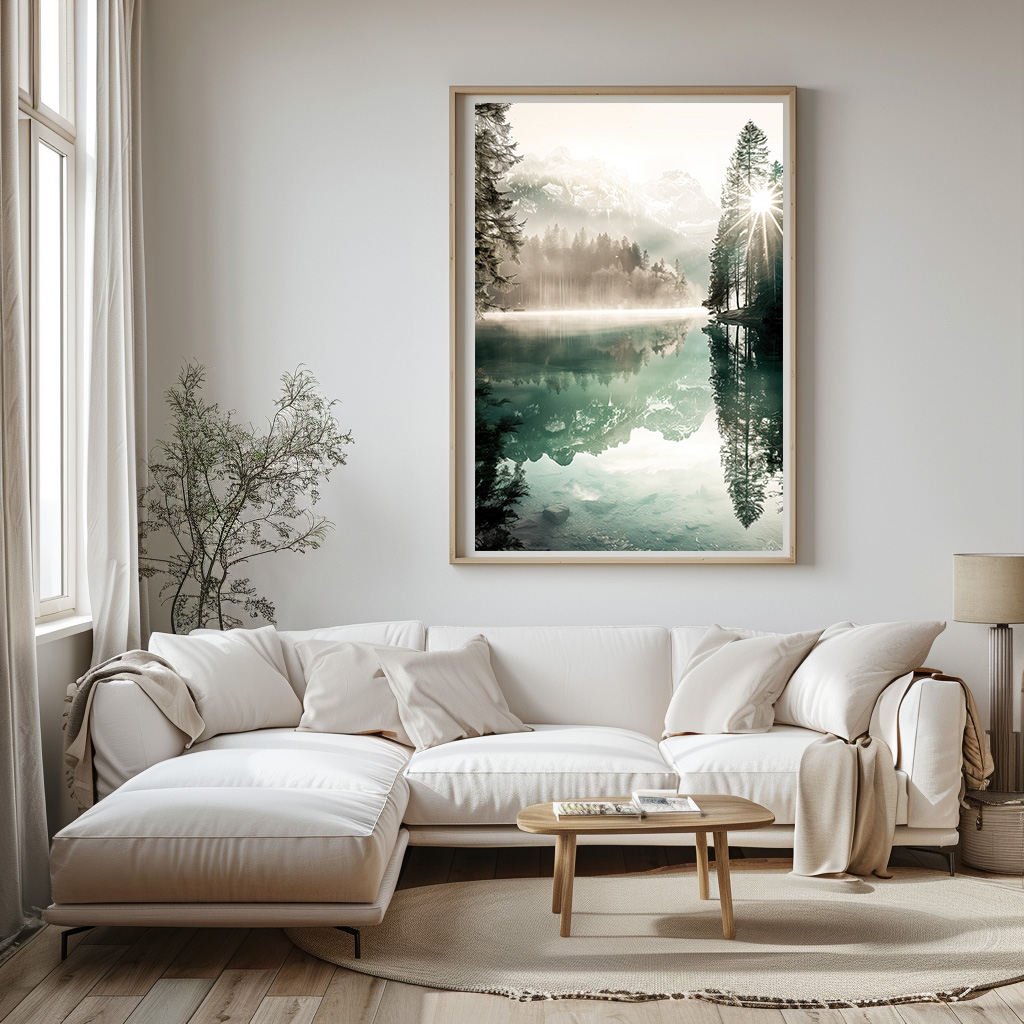 Poster bergmeer met mist woonkamer slaapkamer keuken kantoor atelier rustgevend natuur v2