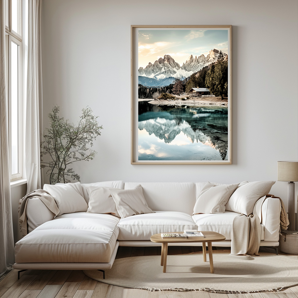 Poster blokhut in de bergen woonkamer slaapkamer keuken kantoor atelier rustgevend natuur v2