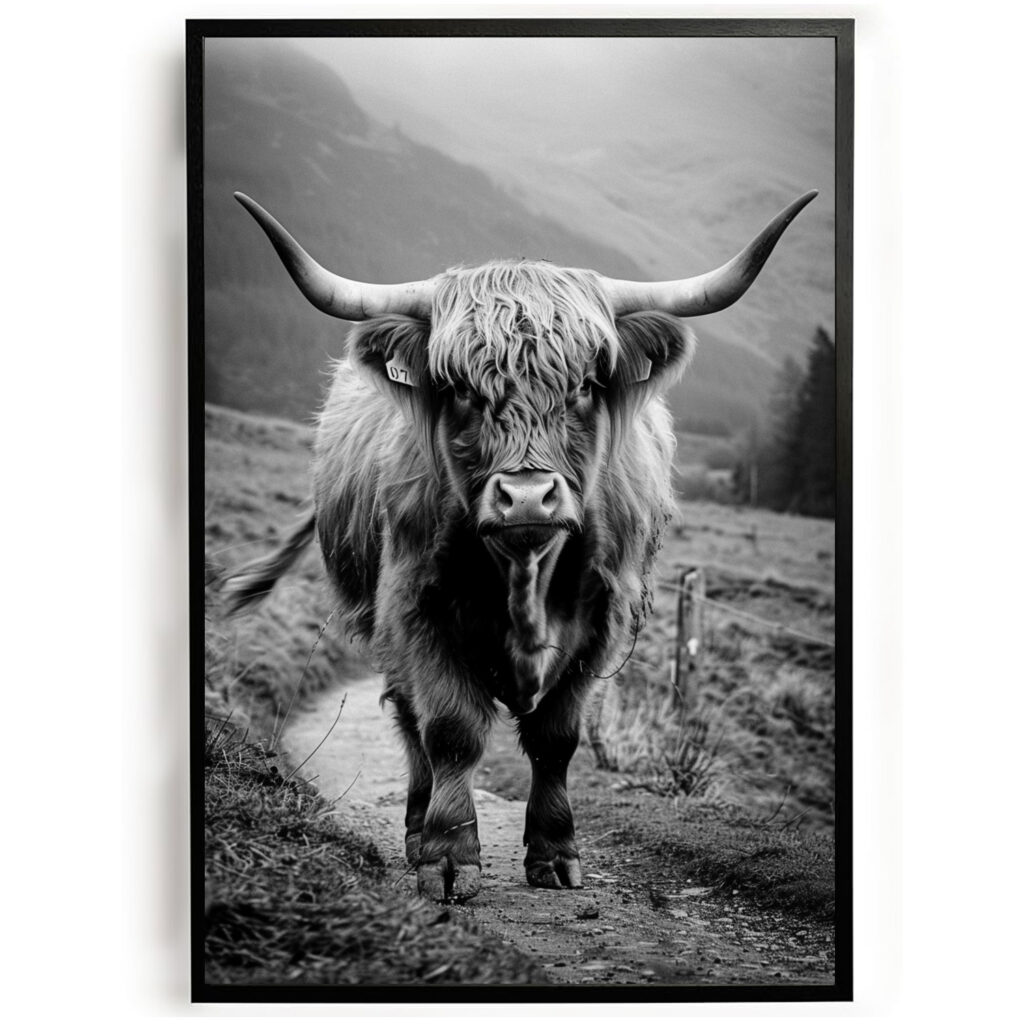 Poster schotse hooglander bergpad woonkamer slaapkamer kantoor inspiratie zwart wit