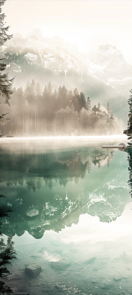 mist op een bergmeer deursticker poster modern stijlvol plakkers