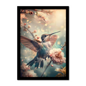 Poster schattige kolibrie tussen de bloemen woonkamer kantoor slaapkamer inspiratie natuur kleurrijk