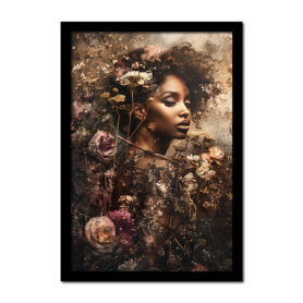 Poster vrouw in zwarte jurk omringd door bloemen woonkamer slaapkamer kantoor stijlvol sierlijk inspiratie