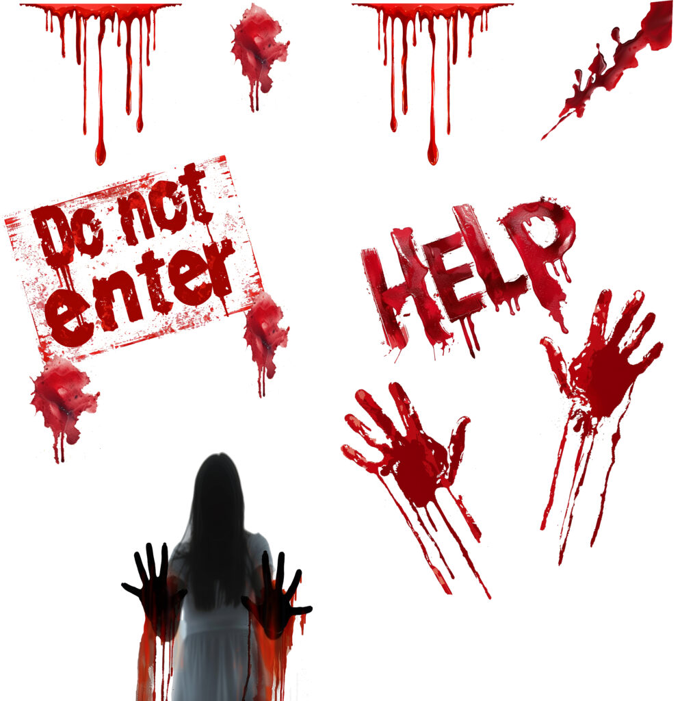 raamstickers halloween griezelig eng angst ideeen inspiratie raamdecoratie bloed donker spookhuis