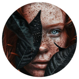 muurcirkel botanische vrouw met sproetjes achter de bladeren natuur flora fauna inspiratie woonkamer slaapkamer badkamer kantoor