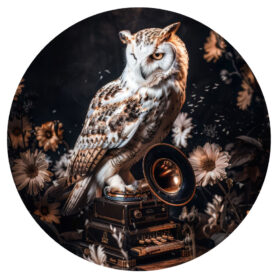 muurcirkel botanische uil op grammofoon natuur flora fauna inspiratie woonkamer slaapkamer badkamer kantoor