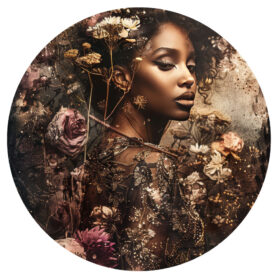 muurcirkel botanische vrouw in een zwarte jurk tussen de bloemen natuur flora fauna inspiratie woonkamer slaapkamer badkamer kantoor