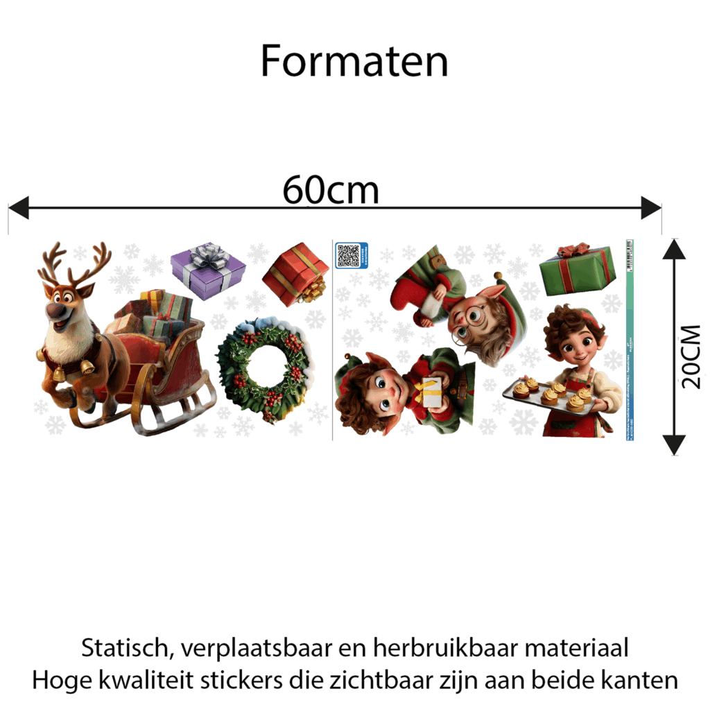 Raamstickers Kerst uitbreiding SMALL – Rendier, Elfjes, Cadeaus & sneeuwvlokken – Herbruikbare kerst stickers