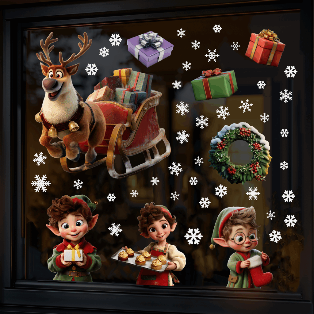 Raamstickers Kerst uitbreiding sfeerfoto - Rendier, Elfjes, Cadeaus & sneeuwvlokken - Herbruikbare kerst stickers