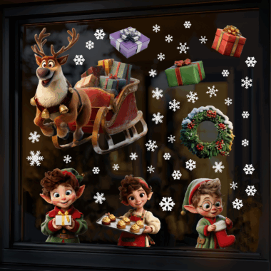 Raamstickers Kerst uitbreiding sfeerfoto - Rendier, Elfjes, Cadeaus & sneeuwvlokken - Herbruikbare kerst stickers