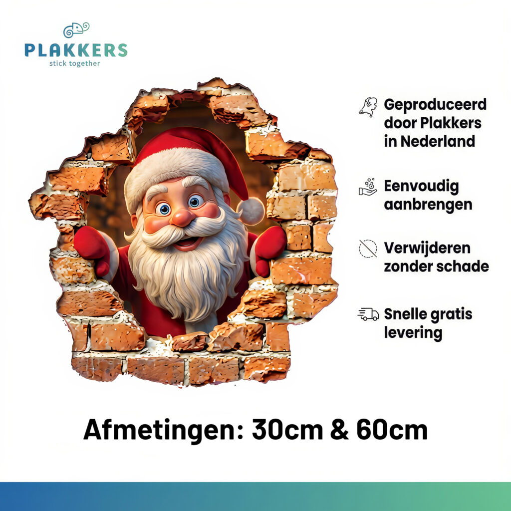 kerstman muursticker 3d effect door muur lachend grappig