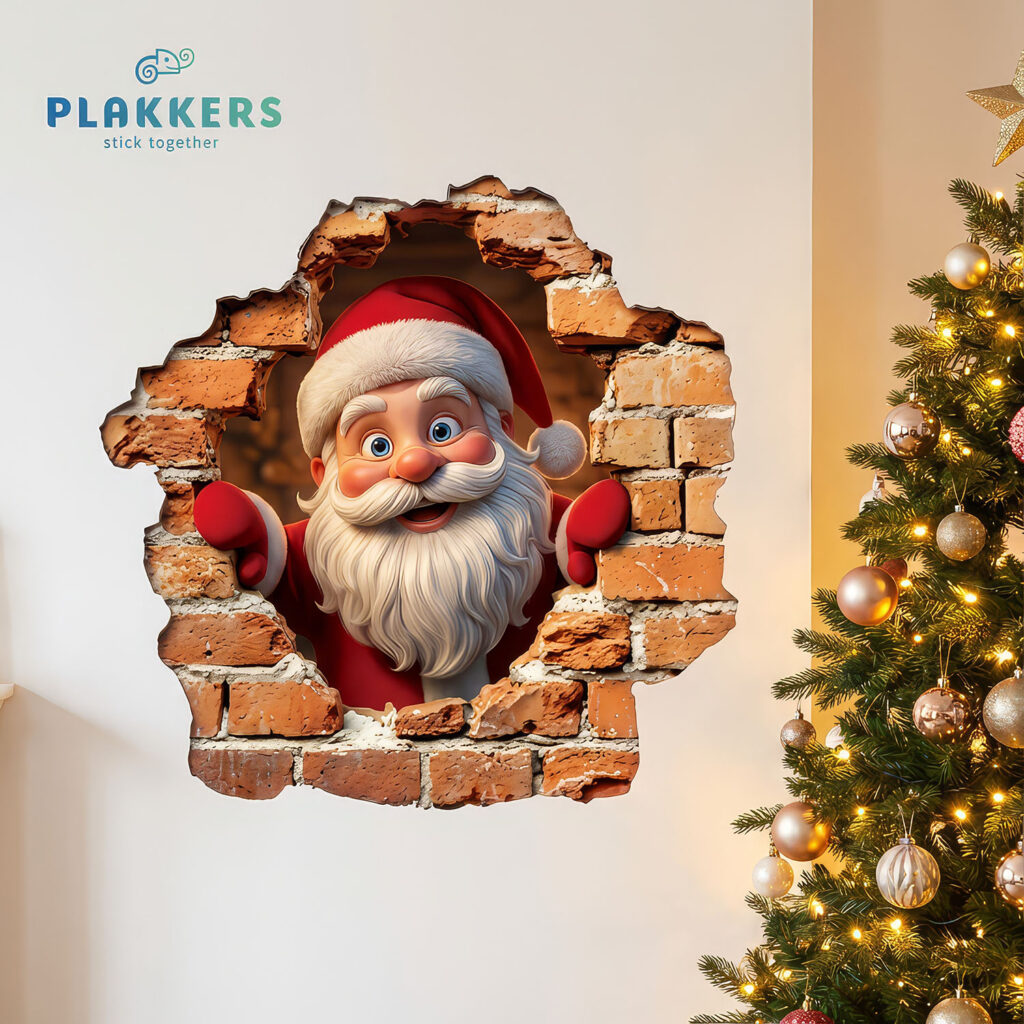 kerstman muursticker 3d effect door muur lachend grappig 3