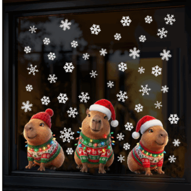 Raamstickers Capybara capibara - met extra sneeuwvlokken - Herbruikbare kerst stickers