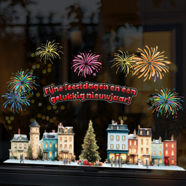 raamstickers herbruikbaar nieuwjaar vuurwerk huisjes skyline kerstboom