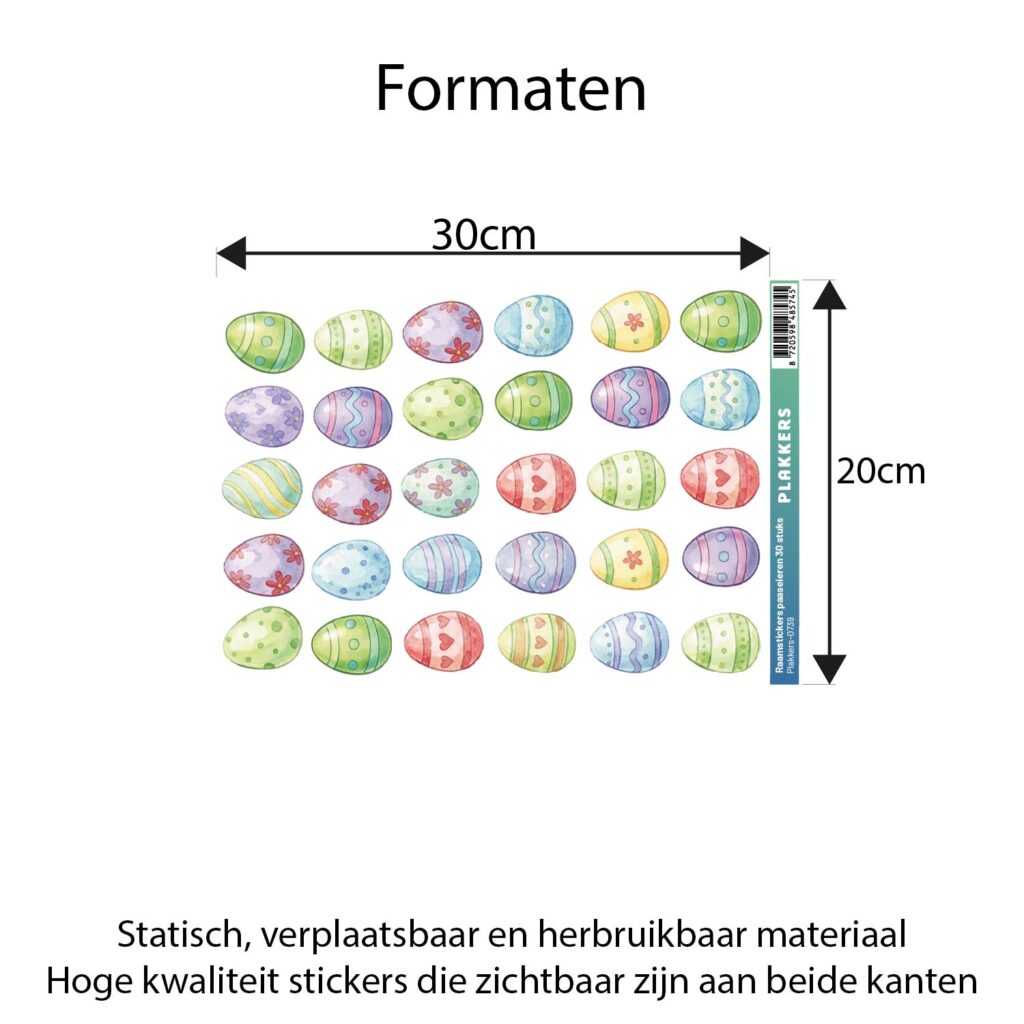 afmetingen Raamstickers Paaseieren – 30 stuks herbruikbaar in waterverfstijl