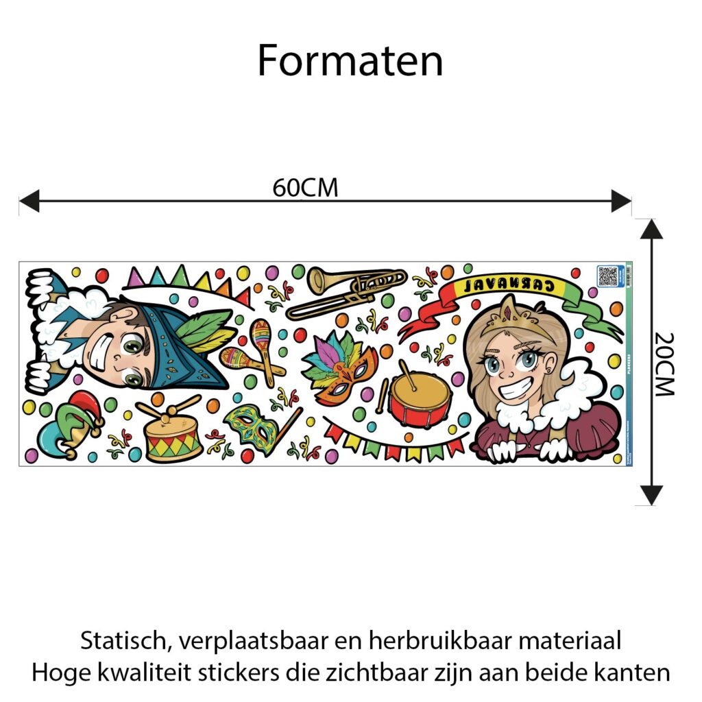 afmetingen-small Raamstickers Carnaval – Prins en Prinses Carnaval – SMALL variant – Handgetekende Raamdecoratie Carnaval