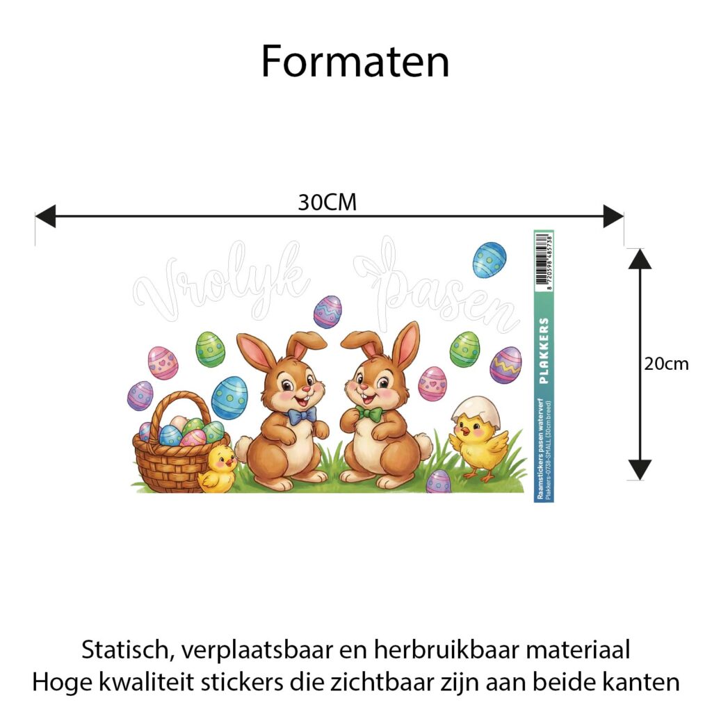 afmetingen-small Raamstickers vrolijk Pasen herbruikbaar in waterverf stijl – Small formaat