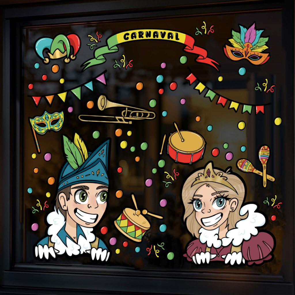 Raamstickers Carnaval – Prins en Prinses Carnaval – SMALL variant – Handgetekende Raamdecoratie Carnaval